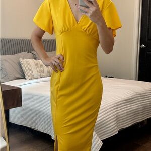 Business Classy Elegant Yellow Bodycon Midi Dress V Neck Size Small
